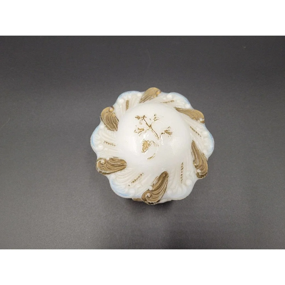 ATQ Milk Glass Vanity Tray Powder Trinket Box Victorian #513 Gold Tone Trim